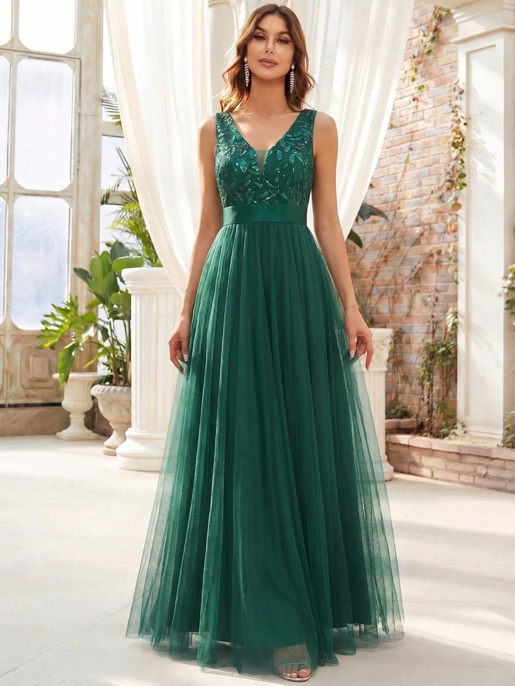 XUCTHHC Elegant Sequin Embroidered Mesh V-Neck Sleeveless A-Line Evening Gown, Suitable For Prom, Party, - image 18