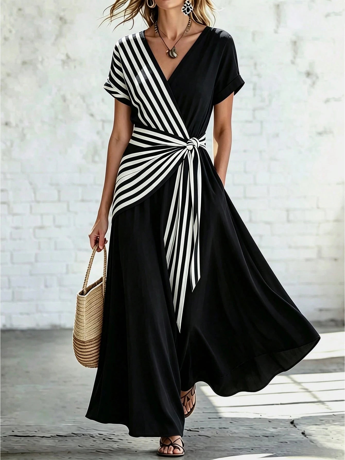 Breezaya +Women's V-Neck Striped Patchwork Casual Vacation Dress,