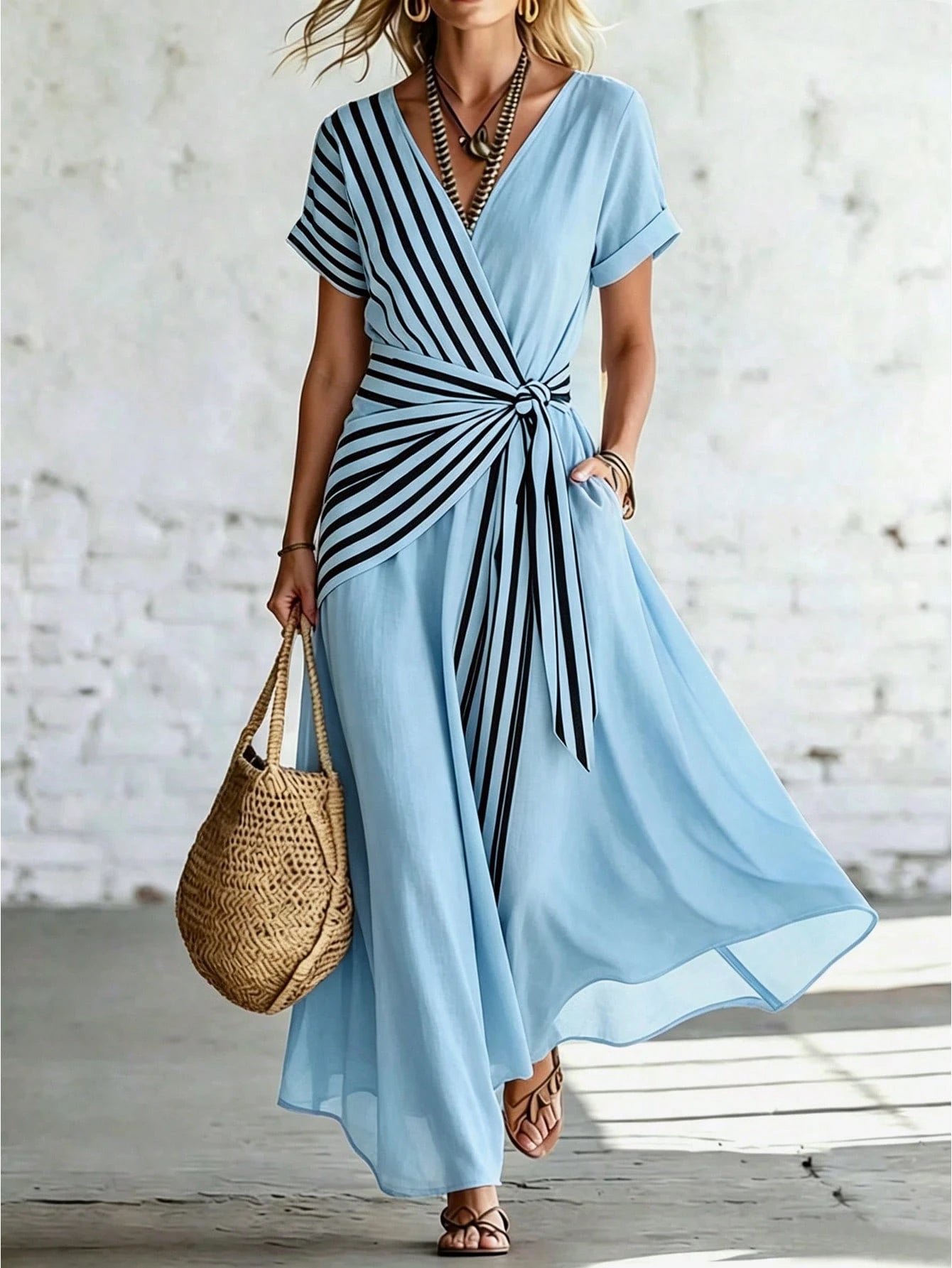 Breezaya +Women's V-Neck Striped Patchwork Casual Vacation Dress,
