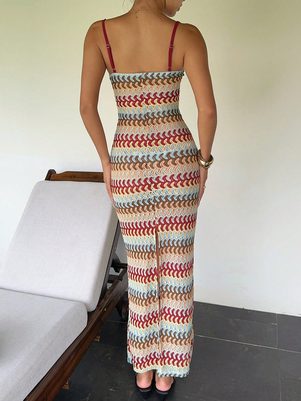 Sunnyshic Fashionable Maillard Color Striped Fabric With Vintage Bead Accents, Slimming Fitted Long Dress, - image 2