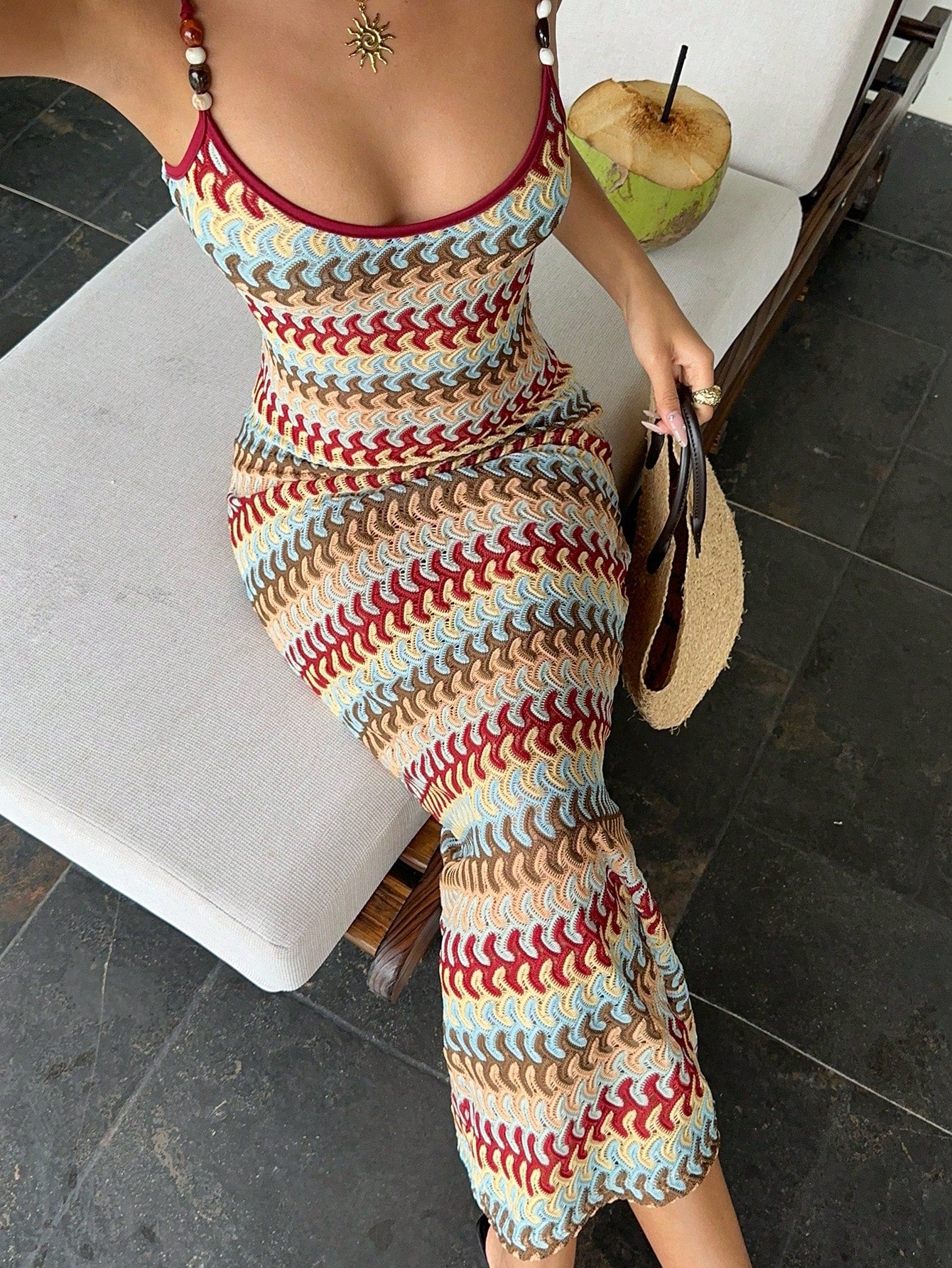 Sunnyshic Fashionable Maillard Color Striped Fabric With Vintage Bead Accents, Slimming Fitted Long Dress, - image 5