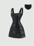 Sweetra Fashionable Sexy Backless Sequin Decor Square Neck Cinched