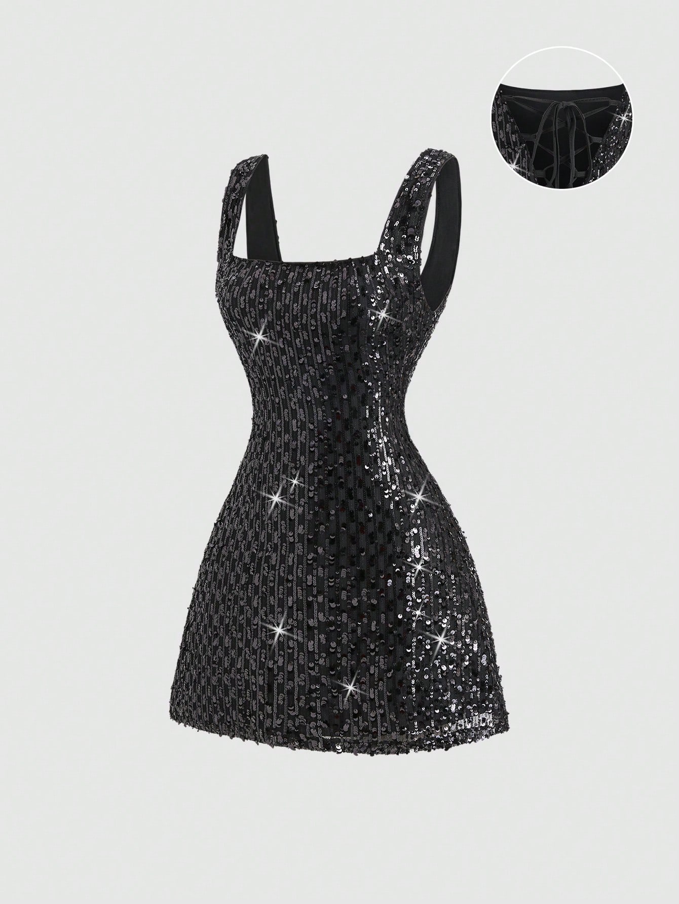 Sweetra Fashionable Sexy Backless Sequin Decor Square Neck Cinched Waist Design Summer Party Dress, Elegant