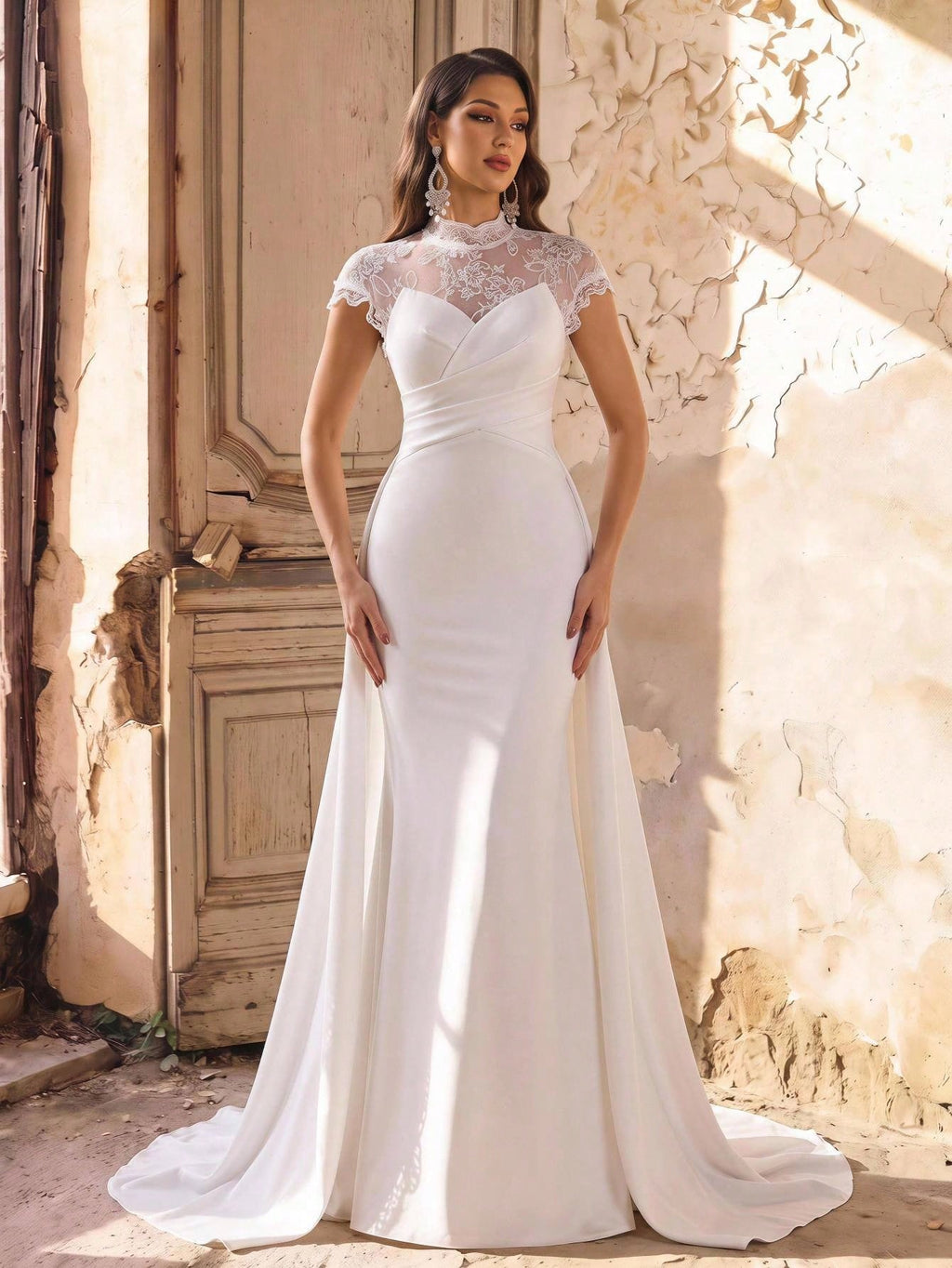 Aureia Elegant White Satin Lace High Neck Sheer Cape Sleeve Button Back Mermaid Floor Length Wedding Dress