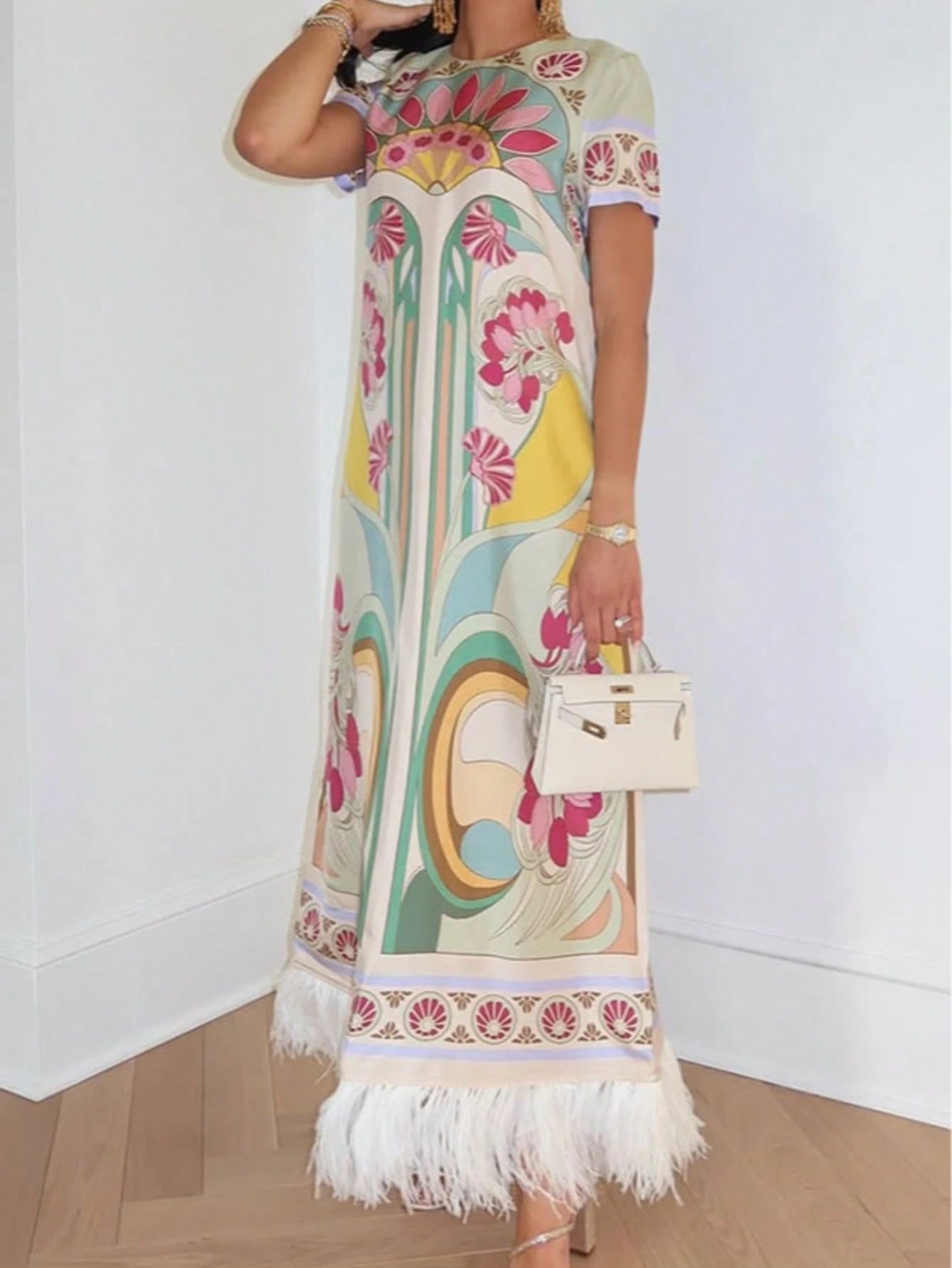 Women's Summer Satin Printed Feather Dress INS Short Sleeve Loose