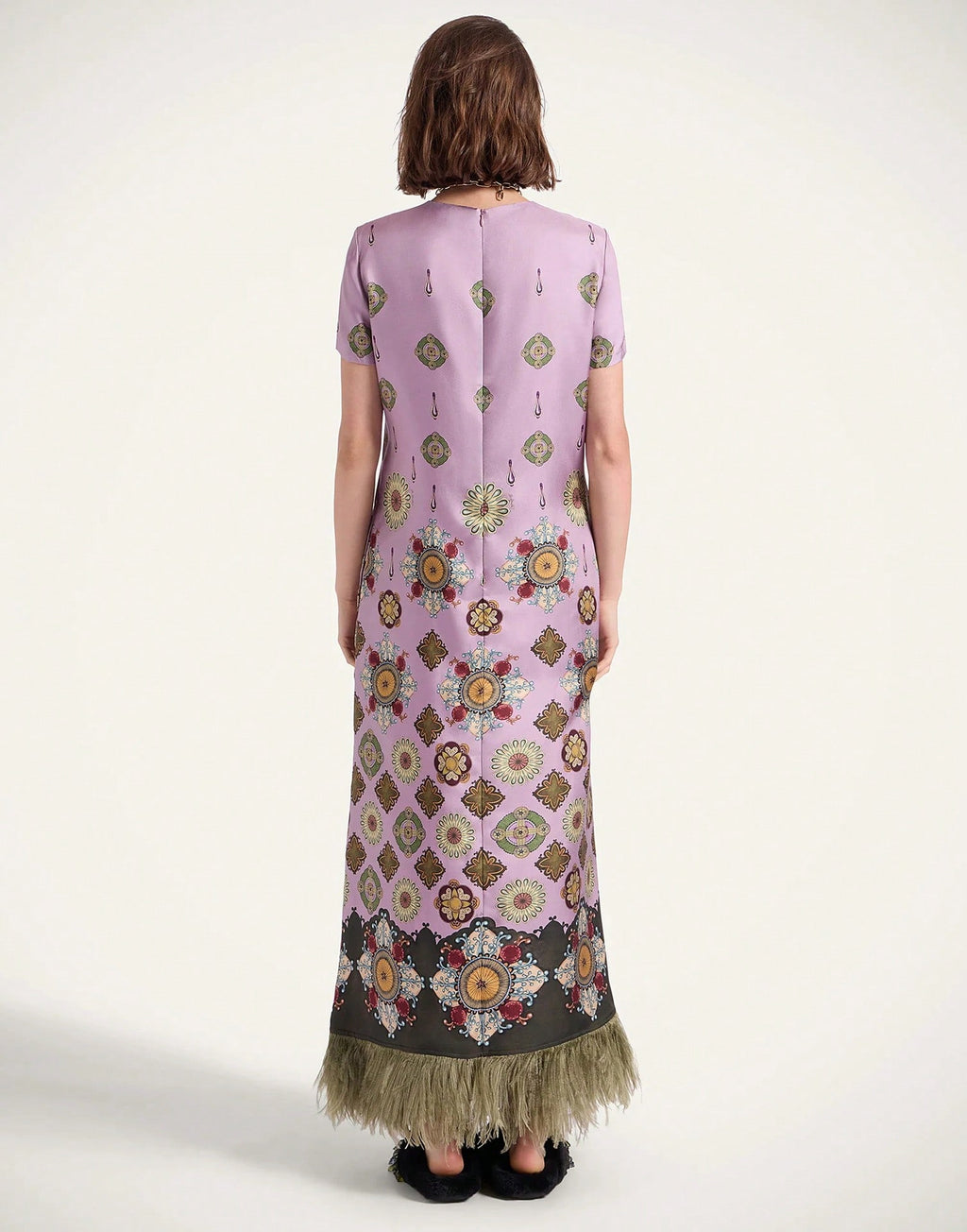 Women's Summer Satin Printed Feather Dress INS Short Sleeve Loose