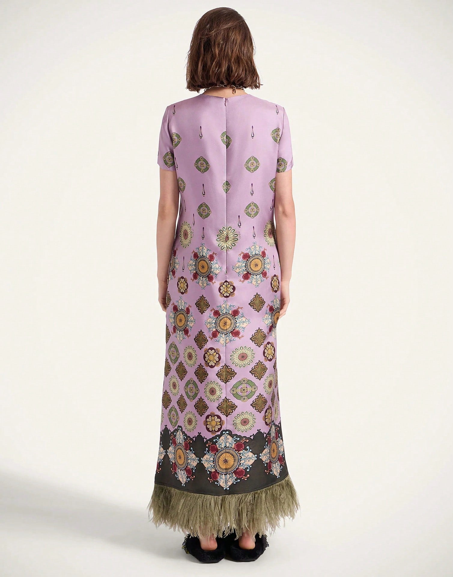 Women's Summer Satin Printed Feather Dress INS Short Sleeve Loose