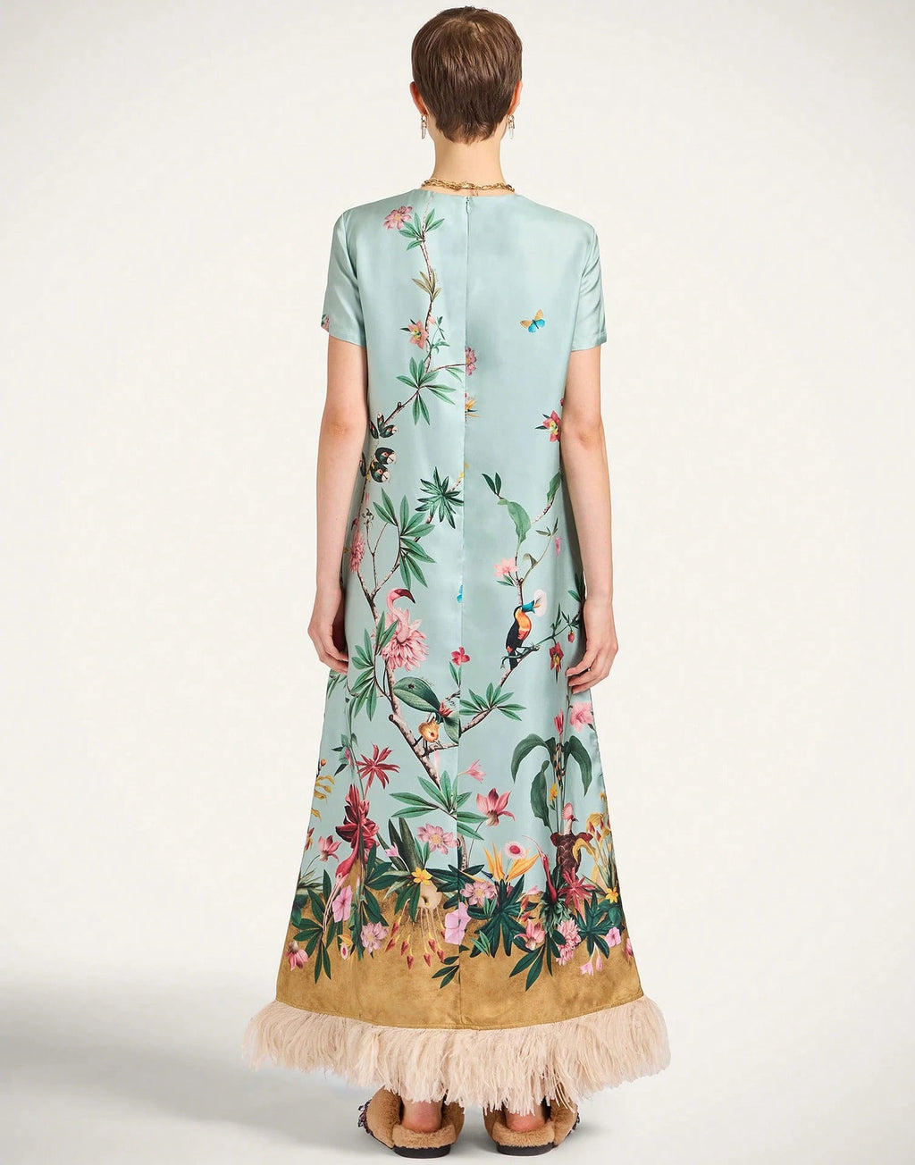 Women's Summer Satin Printed Feather Dress INS Short Sleeve Loose