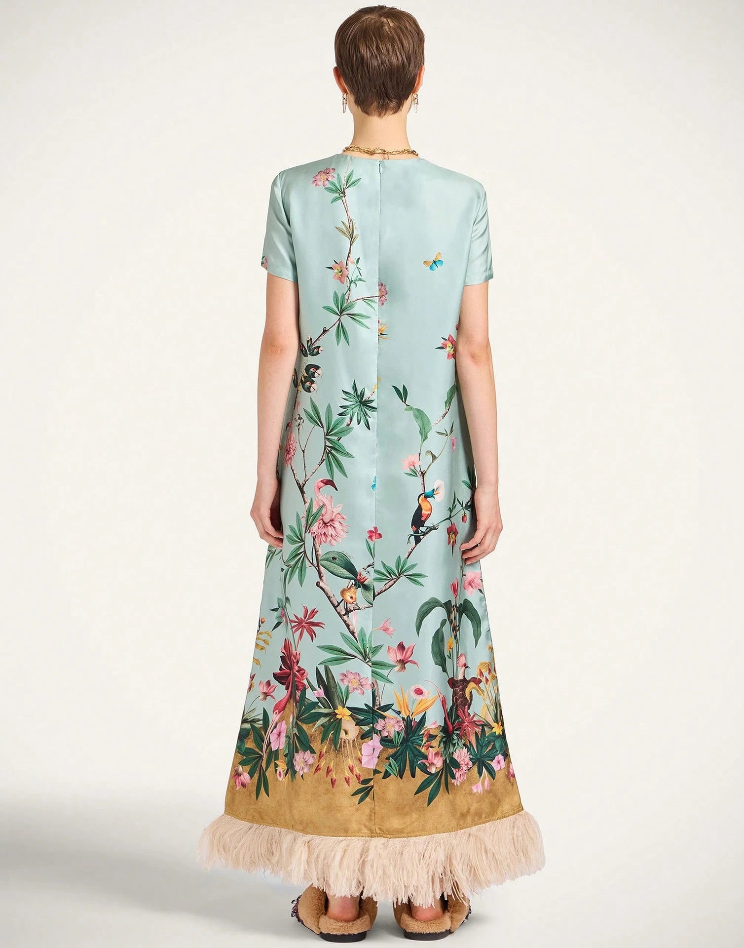 Women's Summer Satin Printed Feather Dress INS Short Sleeve Loose