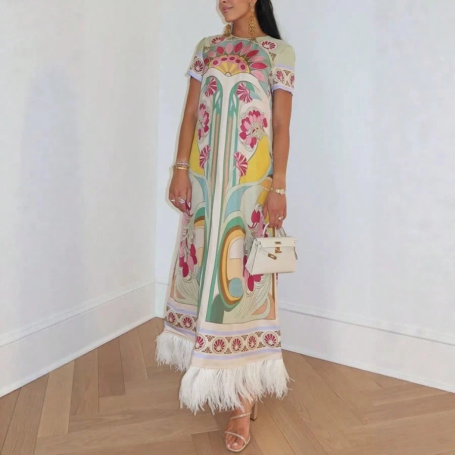 Women's Summer Satin Printed Feather Dress INS Short Sleeve Loose