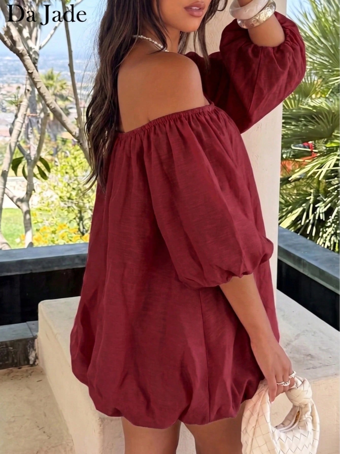 Sweet Coral Off-Shoulder Mini Dress, Puff Sleeve Loose Bubble Hem,