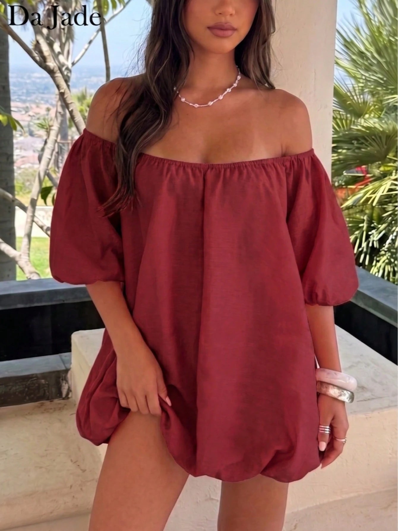 Sweet Coral Off-Shoulder Mini Dress, Puff Sleeve Loose Bubble Hem,