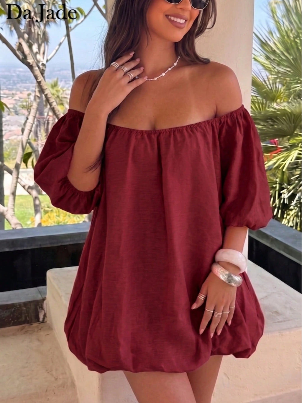 Sweet Coral Off-Shoulder Mini Dress, Puff Sleeve Loose Bubble Hem,