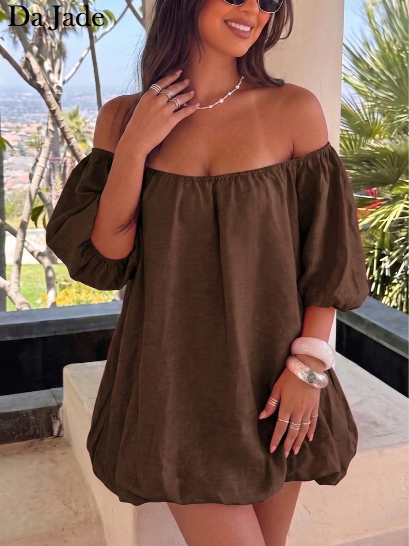 Sweet Coral Off-Shoulder Mini Dress, Puff Sleeve Loose Bubble Hem,