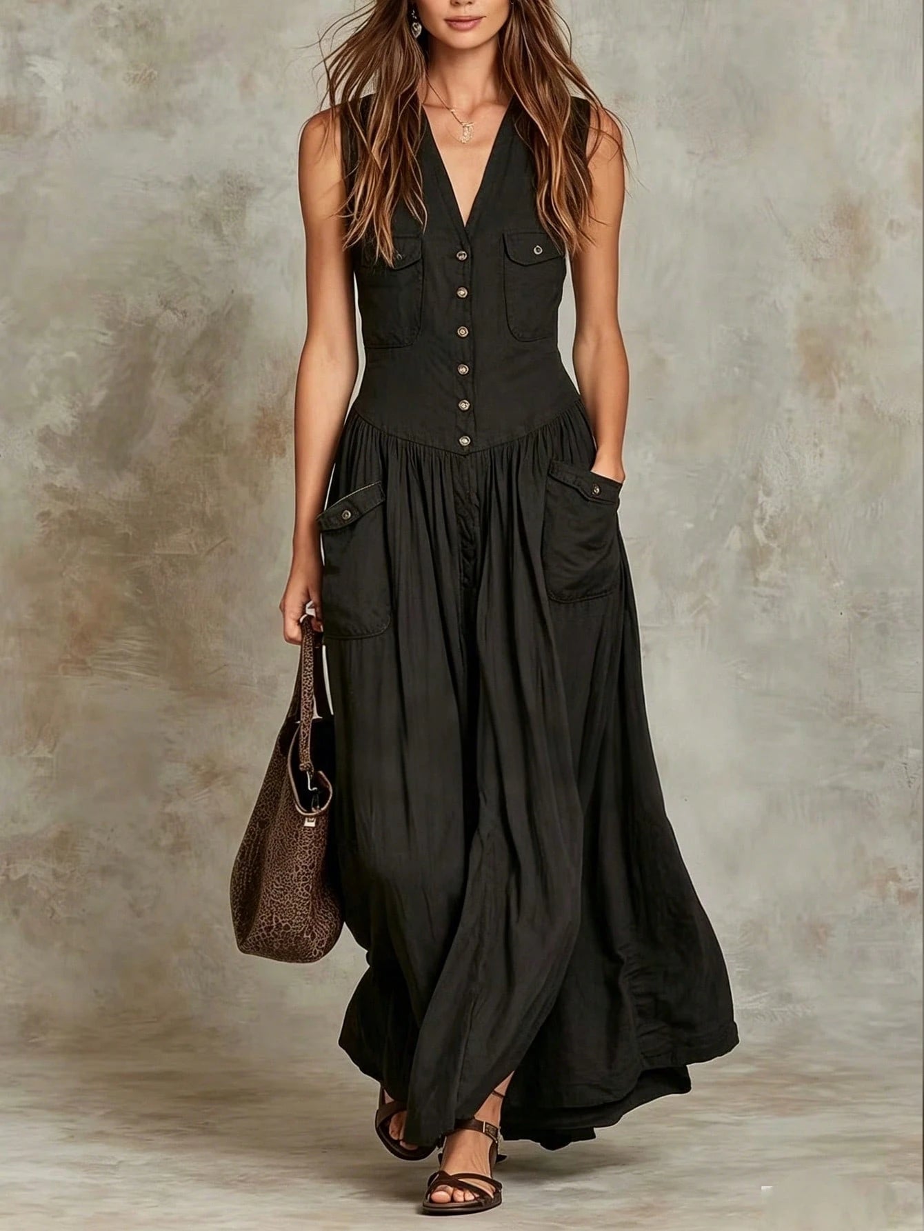 Glimmora Women's Vintage Long Solid Color Pocket Button Half-Open Front Dress