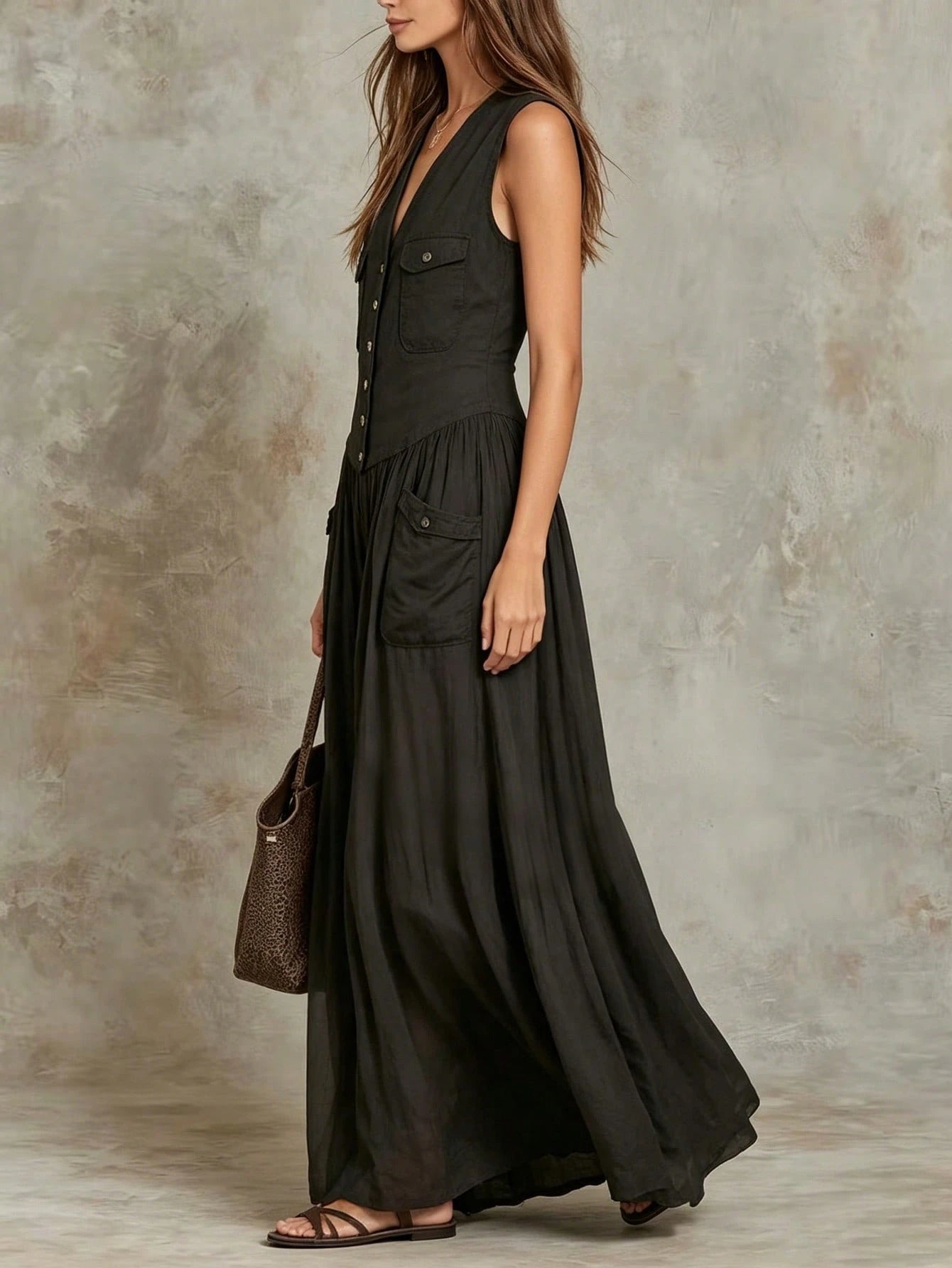 Glimmora Women's Vintage Long Solid Color Pocket Button Half-Open Front Dress - image 3