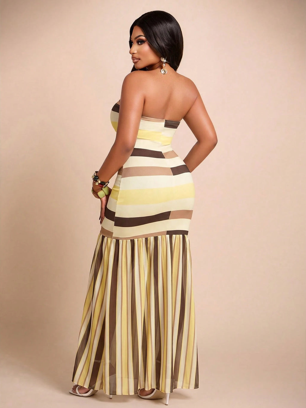 Brilight Elegant Striped Print Fitted Strapless Maxi Dress For