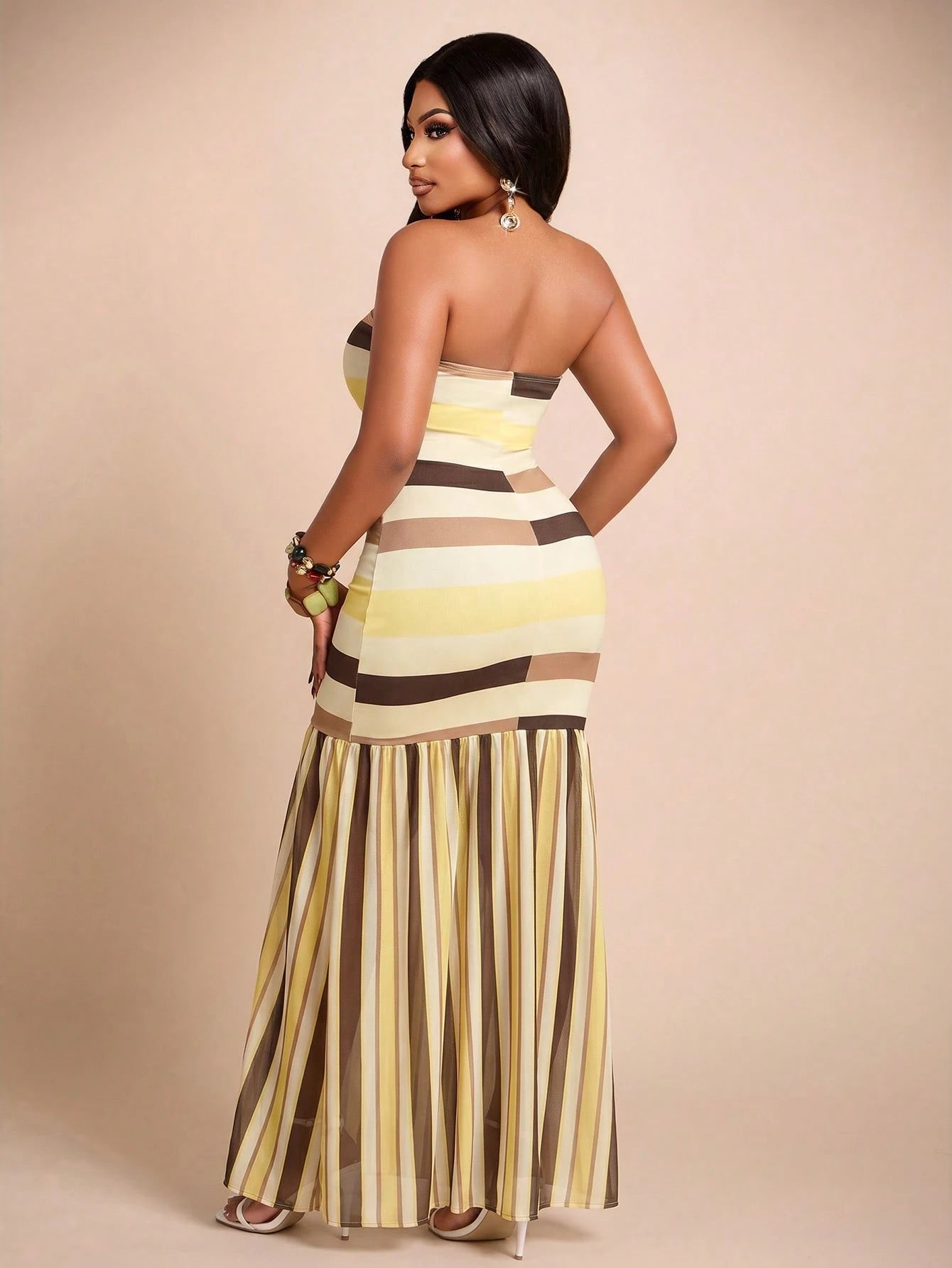 Brilight Elegant Striped Print Fitted Strapless Maxi Dress For