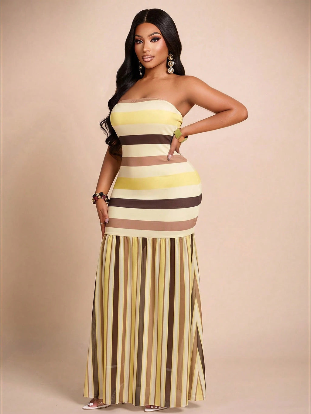Brilight Elegant Striped Print Fitted Strapless Maxi Dress For