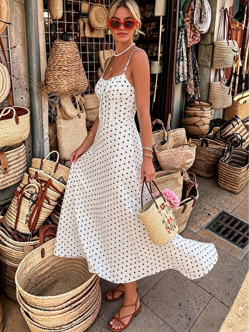Romantic Best Friend Street Fashion Dress Polka Dot Pattern All-Over Print Inner Lining Bust Ruched Design - image 16