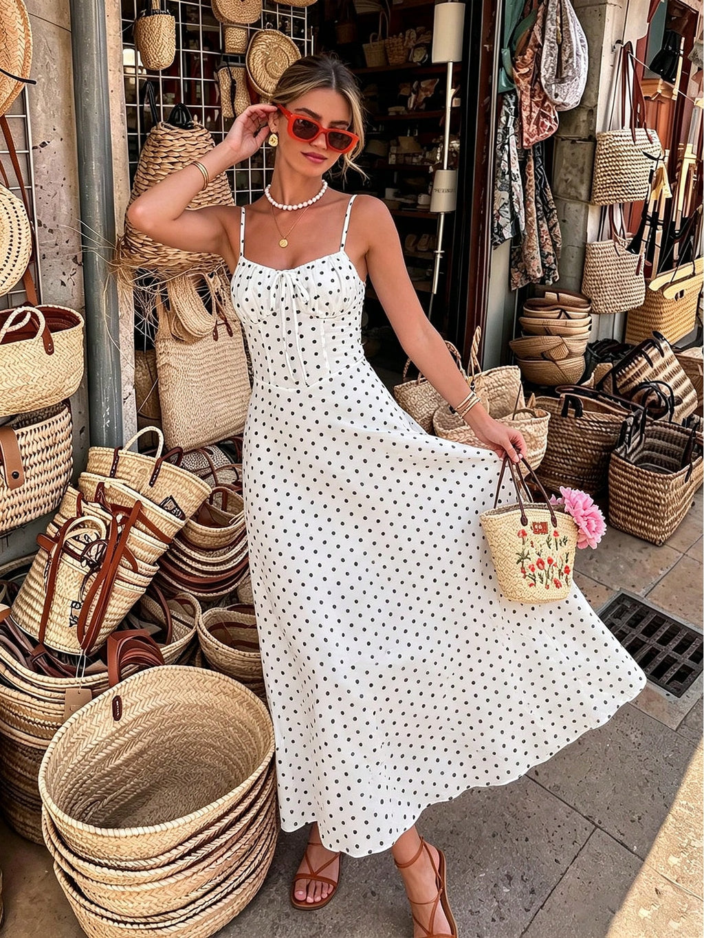 Romantic Best Friend Street Fashion Dress Polka Dot Pattern All-Over Print Inner Lining Bust Ruched Design - image 18