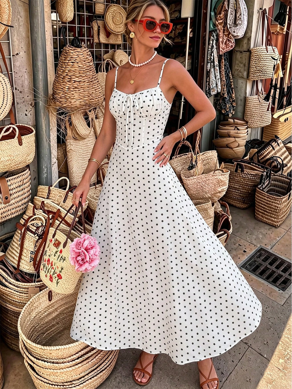 Romantic Best Friend Street Fashion Dress Polka Dot Pattern All-Over Print Inner Lining Bust Ruched Design - image 13