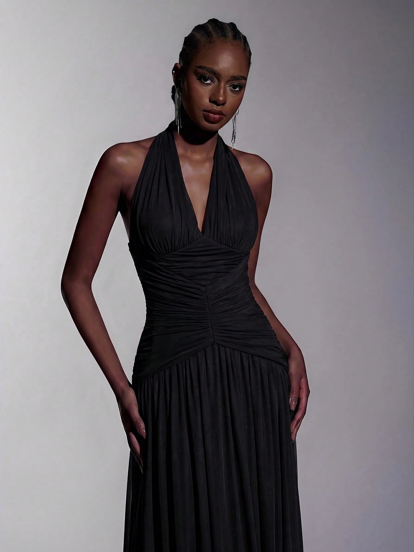 Elitara Elegant, , Fashionable Elastic Mesh Halter Neck Ruched Decor A-Line Dress, Party Wedding Guest Orange - image 13
