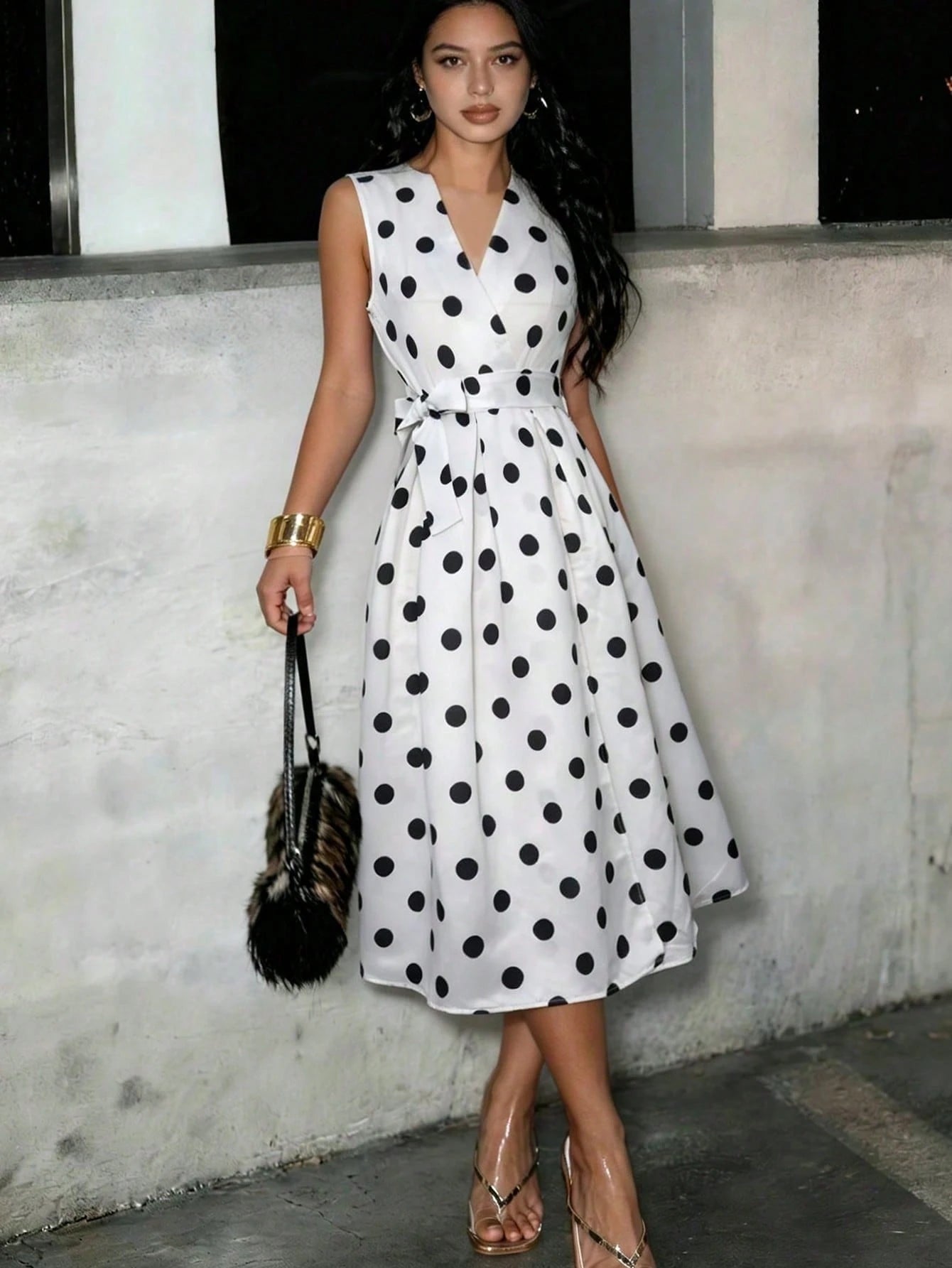 Women's Elegant Pink Polka Dot Midi Dress With Deep V Neck And Bow