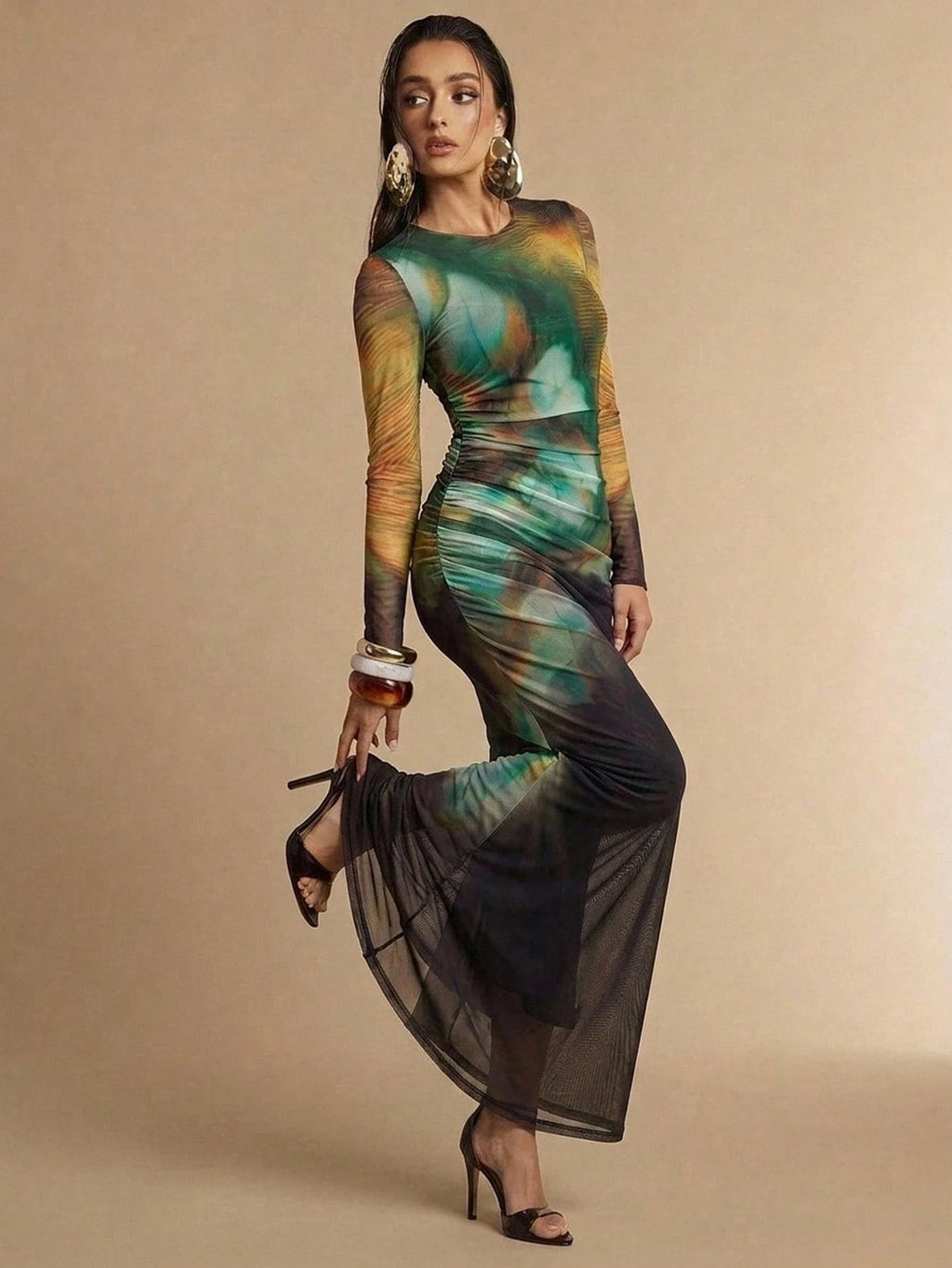 Silquee Women's Elegant Floral Print Pleated Round Neck Long Sleeve Mermaid Hem Dress Work Dinner Bar Party