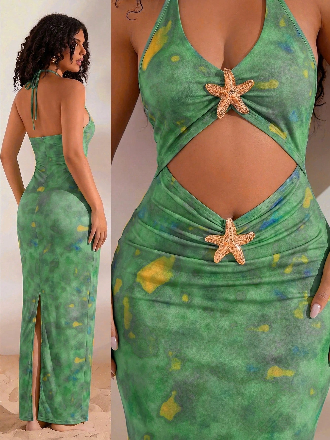 Opulessa V-Neck Halter Metal Decor Waist Cutout Back Slit Bodycon