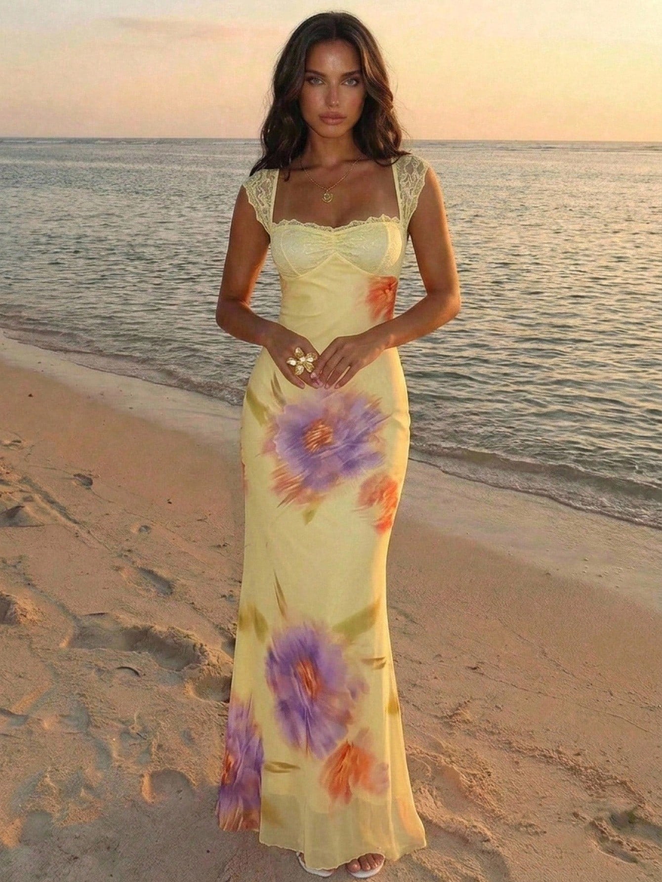 Aloruh Cream Yellow Gradient Floral Mesh Bodycon Backless Summer