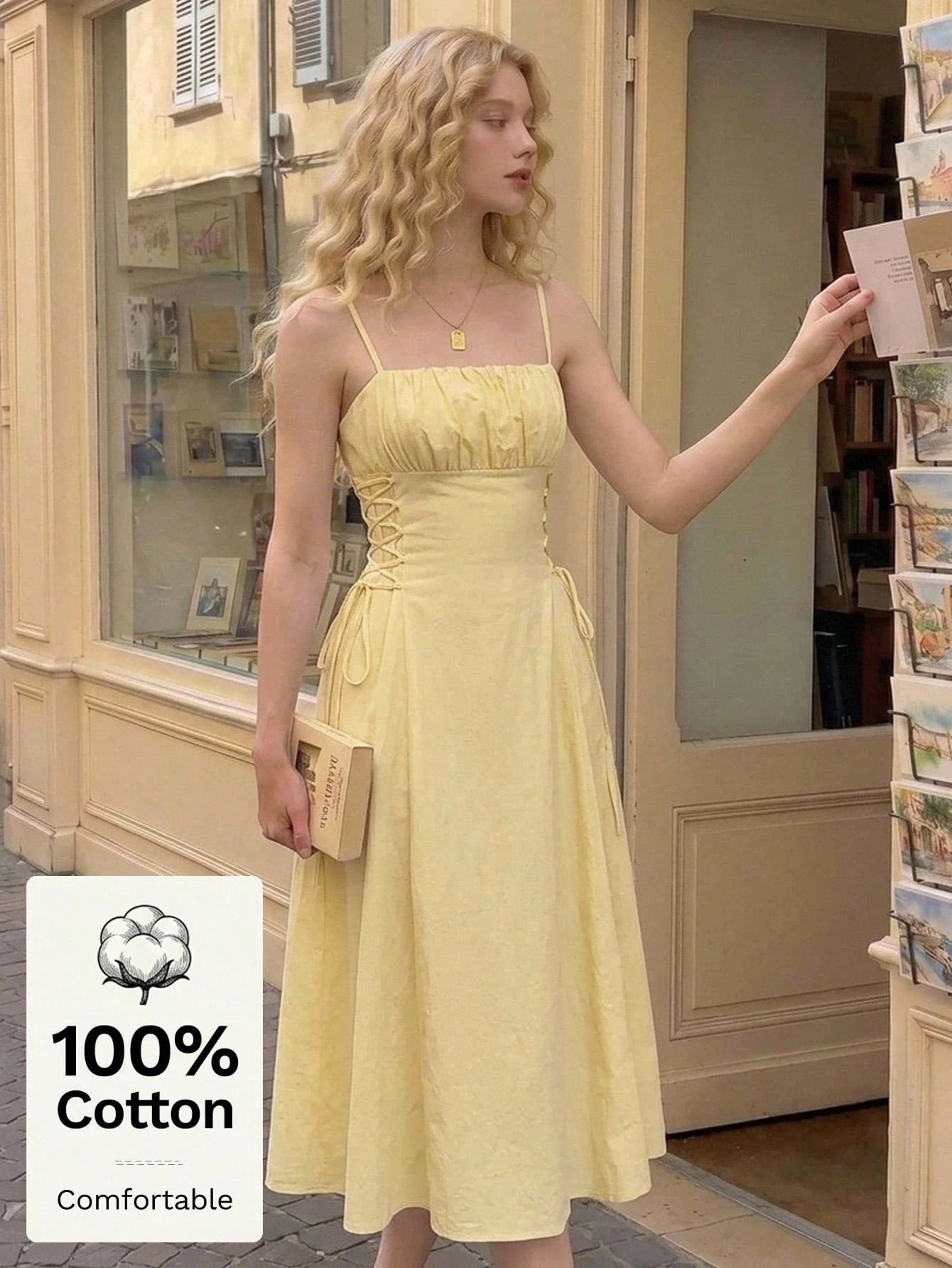 MOD Solid Ruched Bust Lace Up Side Formal Cami Long Dress,Pastel