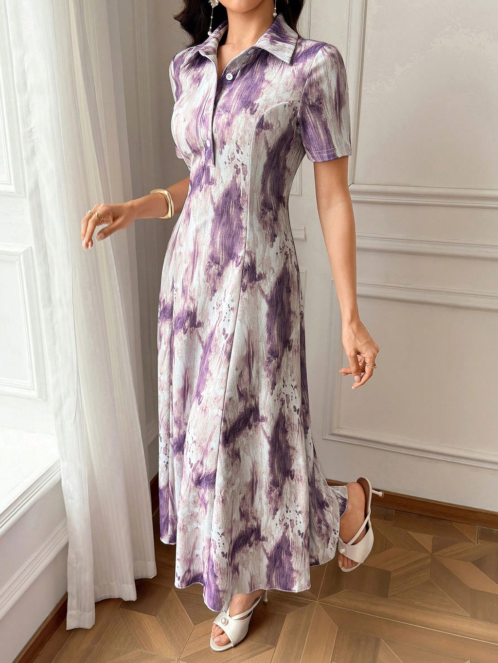 Modelyn Women's Tie-Dye Button Half-Placket Short Sleeve Vacation Dress Holiday Purple Going Out Autumn
