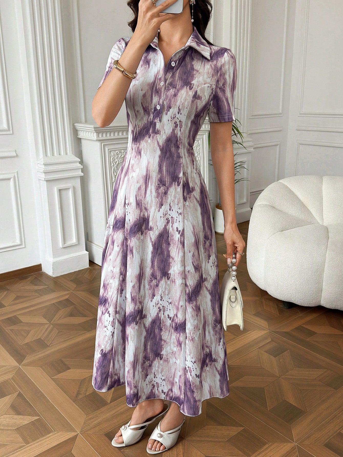 Modelyn Women's Tie-Dye Button Half-Placket Short Sleeve Vacation Dress Holiday Purple Going Out Autumn - image 3