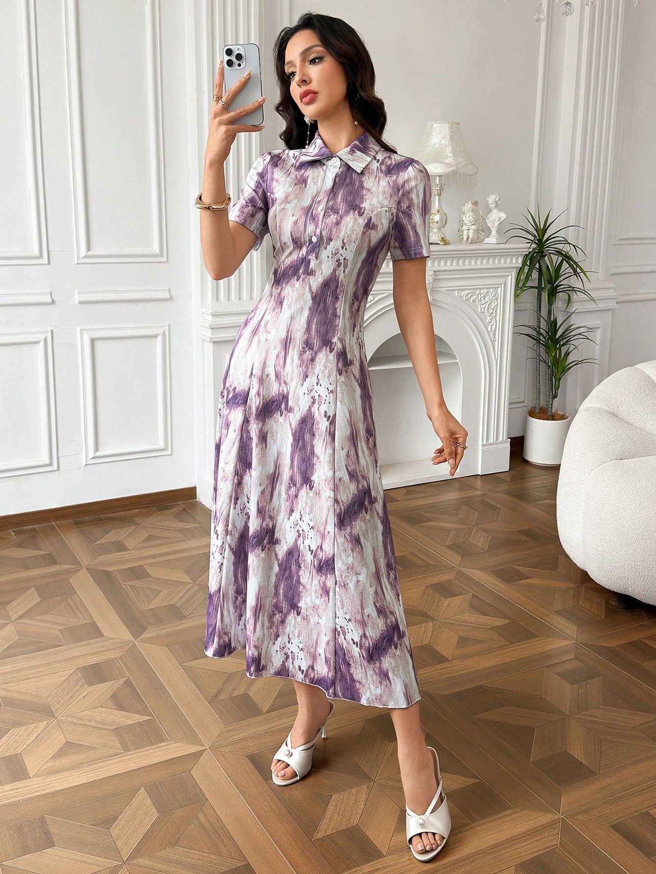 Modelyn Women's Tie-Dye Button Half-Placket Short Sleeve Vacation Dress Holiday Purple Going Out Autumn - image 4