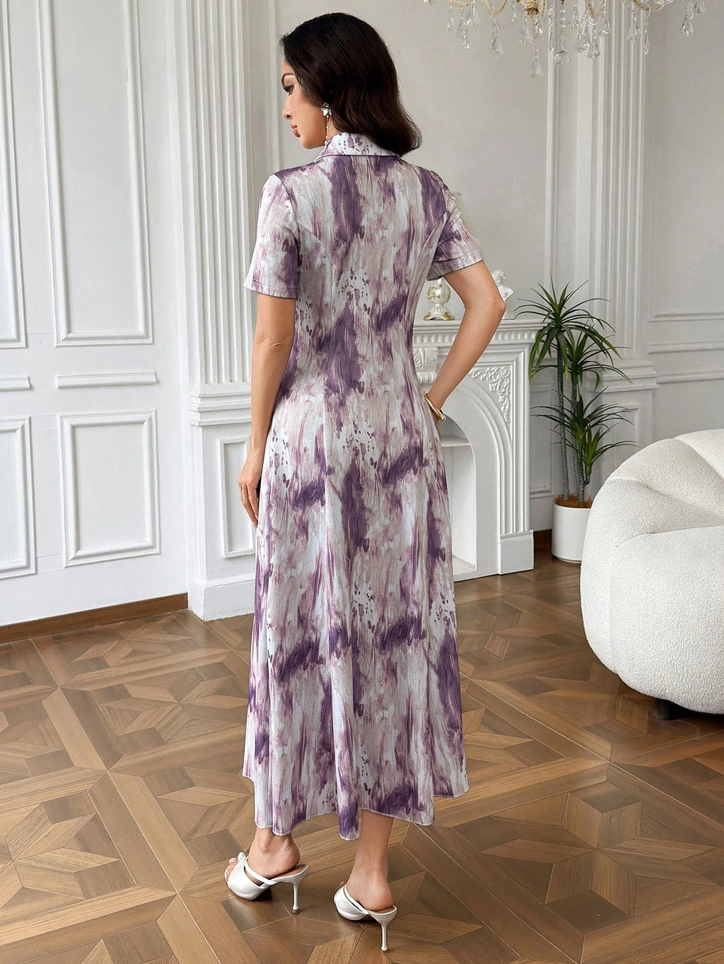 Modelyn Women's Tie-Dye Button Half-Placket Short Sleeve Vacation Dress Holiday Purple Going Out Autumn - image 5
