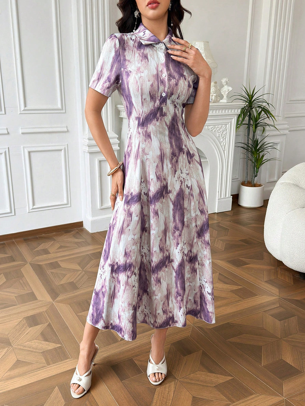 Modelyn Women's Tie-Dye Button Half-Placket Short Sleeve Vacation Dress Holiday Purple Going Out Autumn - image 6
