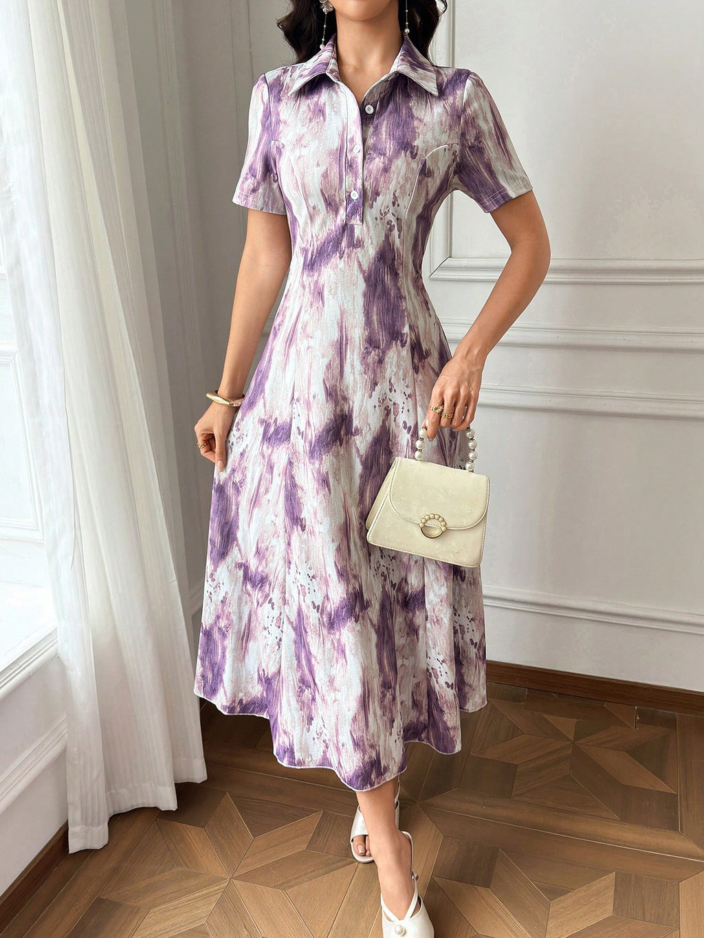 Modelyn Women's Tie-Dye Button Half-Placket Short Sleeve Vacation Dress Holiday Purple Going Out Autumn - image 7