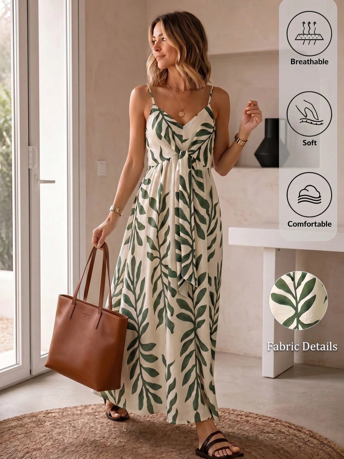 Elouméa Women's Green Leaf Print Tie-Strap A-Line Dress, Suitable For
