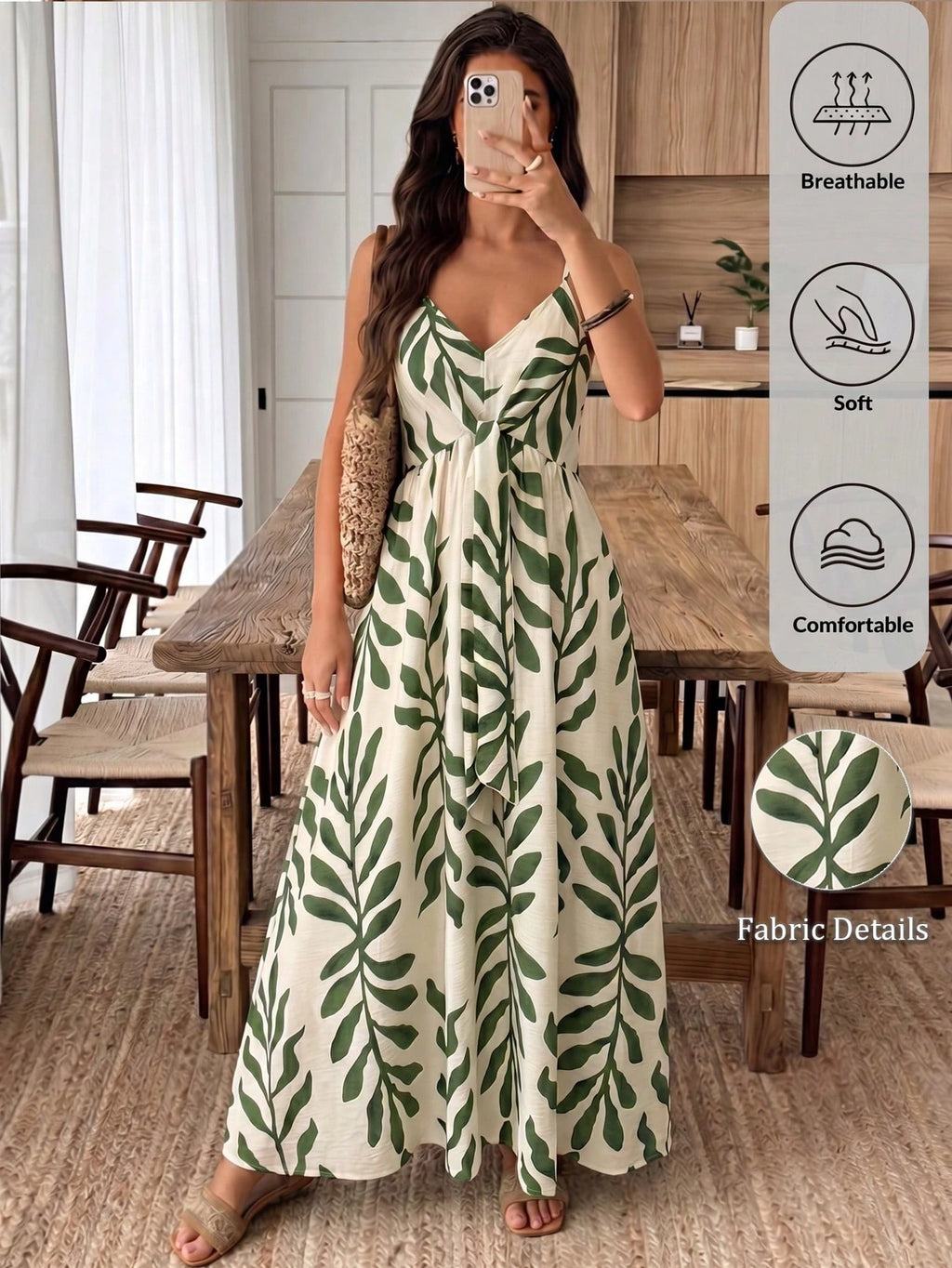 Elouméa Women's Green Leaf Print Tie-Strap A-Line Dress, Suitable For