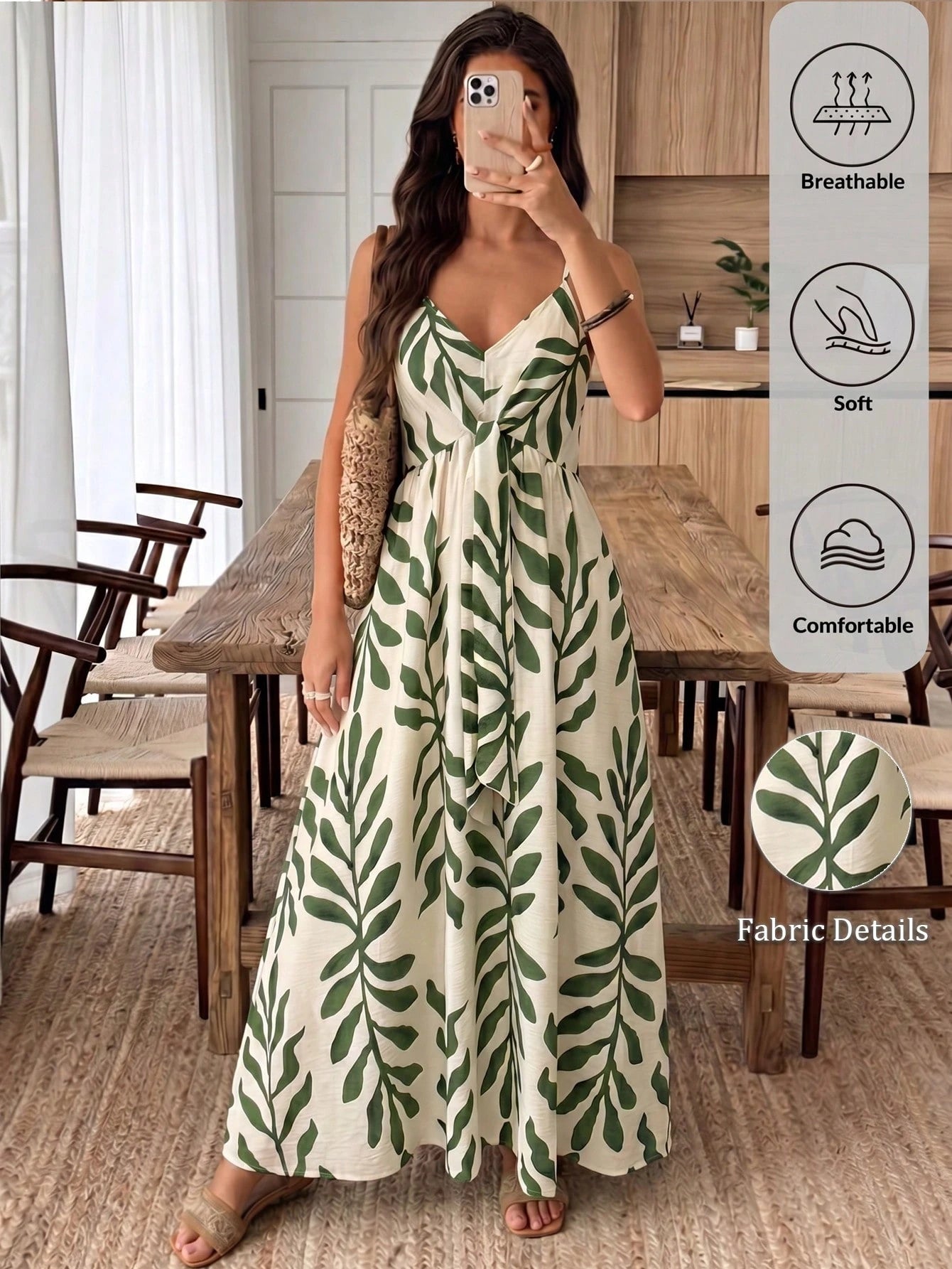 Elouméa Women's Green Leaf Print Tie-Strap A-Line Dress, Suitable For