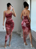 Xyvia Women's Luxury Summer Evening Dress, Tie Dye Printed Draped Neck, Backless Spaghetti Strap Dress'