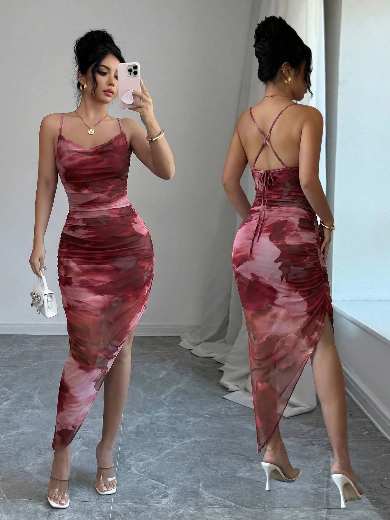 Xyvia Women's Luxury Summer Evening Dress, Tie Dye Printed Draped Neck, Backless Spaghetti Strap Dress'