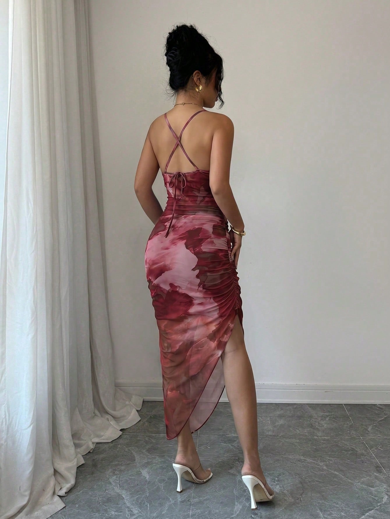 Xyvia Women's Luxury Summer Evening Dress, Tie Dye Printed Draped Neck, Backless Spaghetti Strap Dress' - image 2