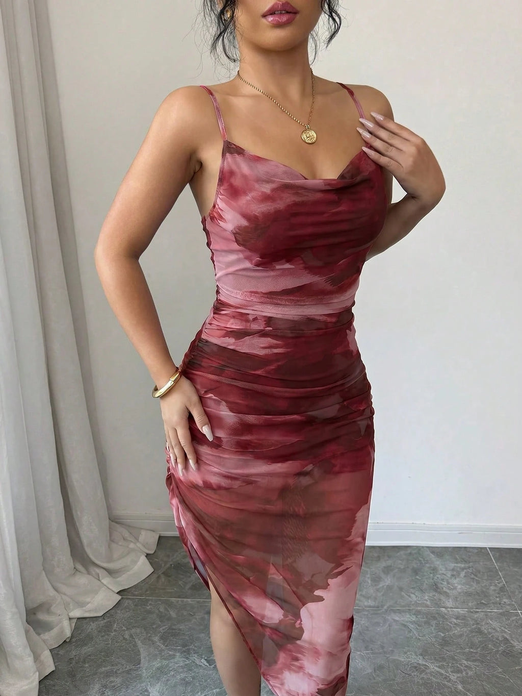 Xyvia Women's Luxury Summer Evening Dress, Tie Dye Printed Draped Neck, Backless Spaghetti Strap Dress' - image 3