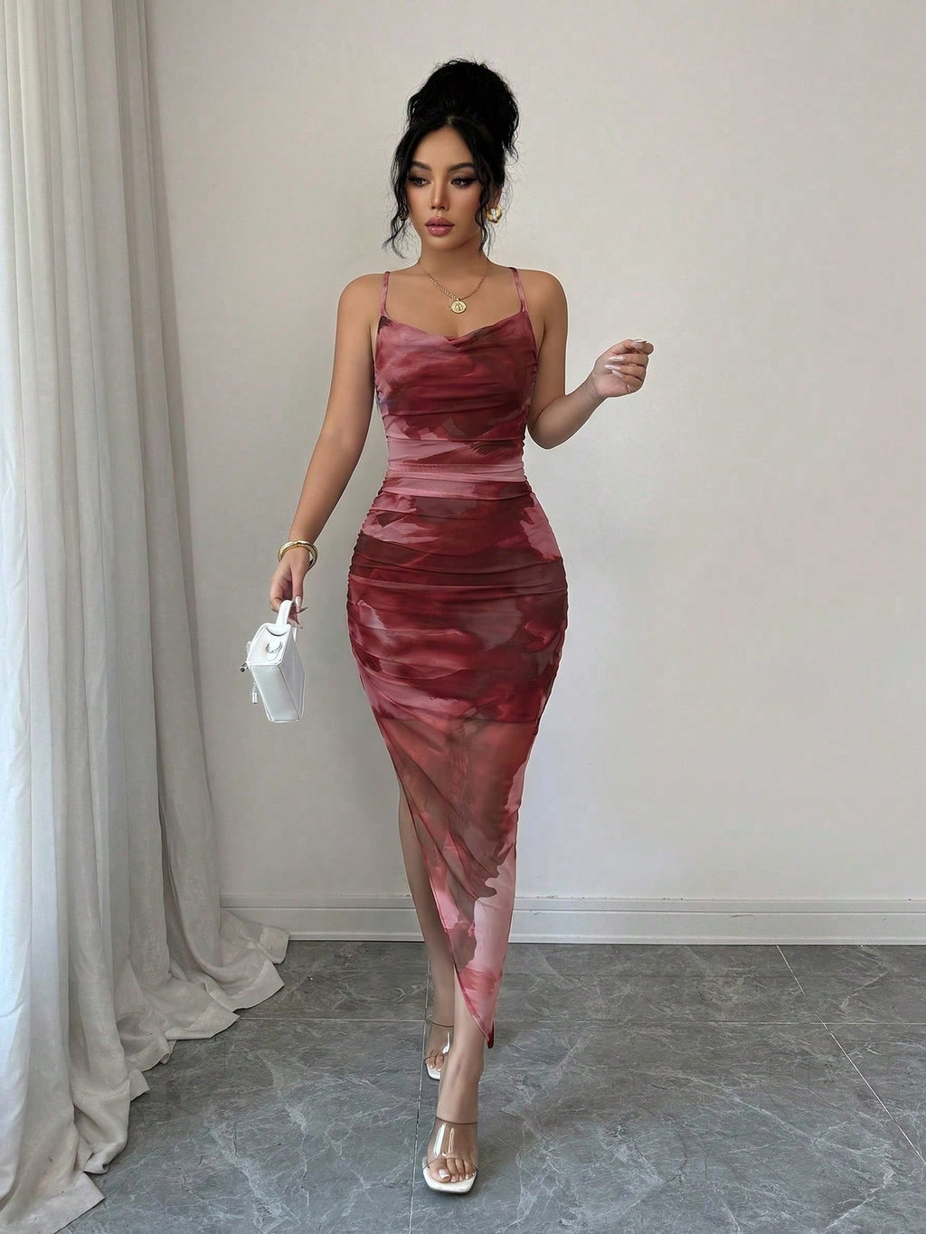 Xyvia Women's Luxury Summer Evening Dress, Tie Dye Printed Draped Neck, Backless Spaghetti Strap Dress' - image 6