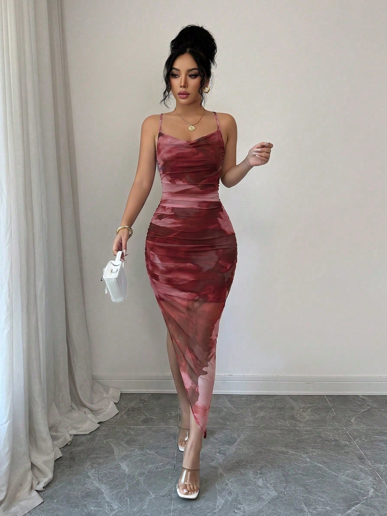 Xyvia Women's Luxury Summer Evening Dress, Tie Dye Printed Draped Neck, Backless Spaghetti Strap Dress' - image 6