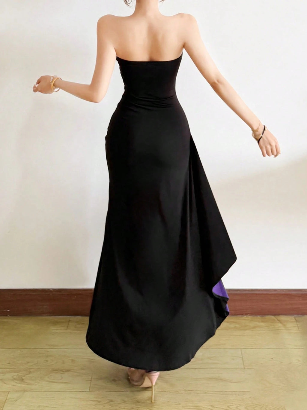 Top Dazzle Women's Black Strapless Long Dress, Asymmetrical Hem With
