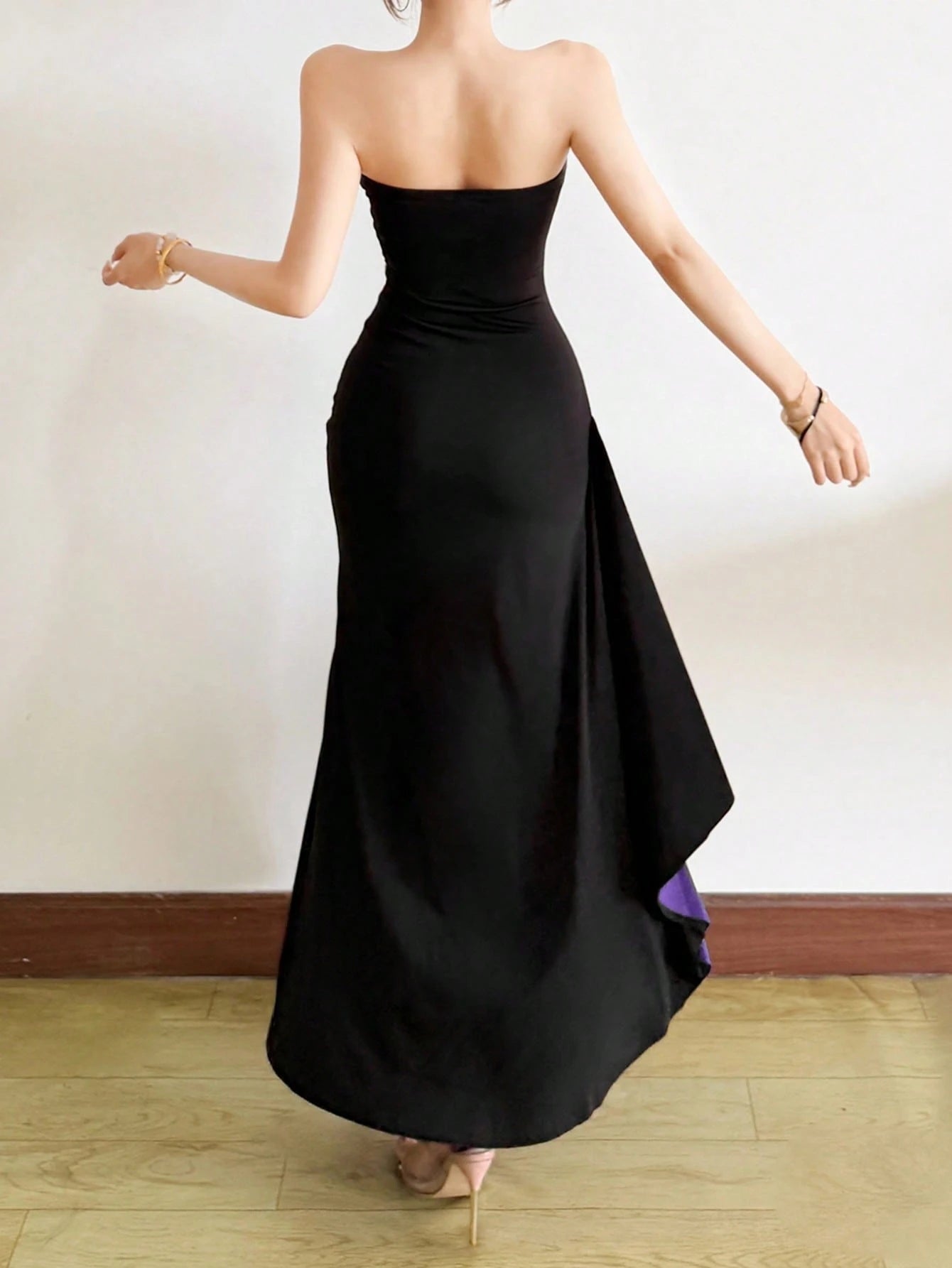 Top Dazzle Women's Black Strapless Long Dress, Asymmetrical Hem With