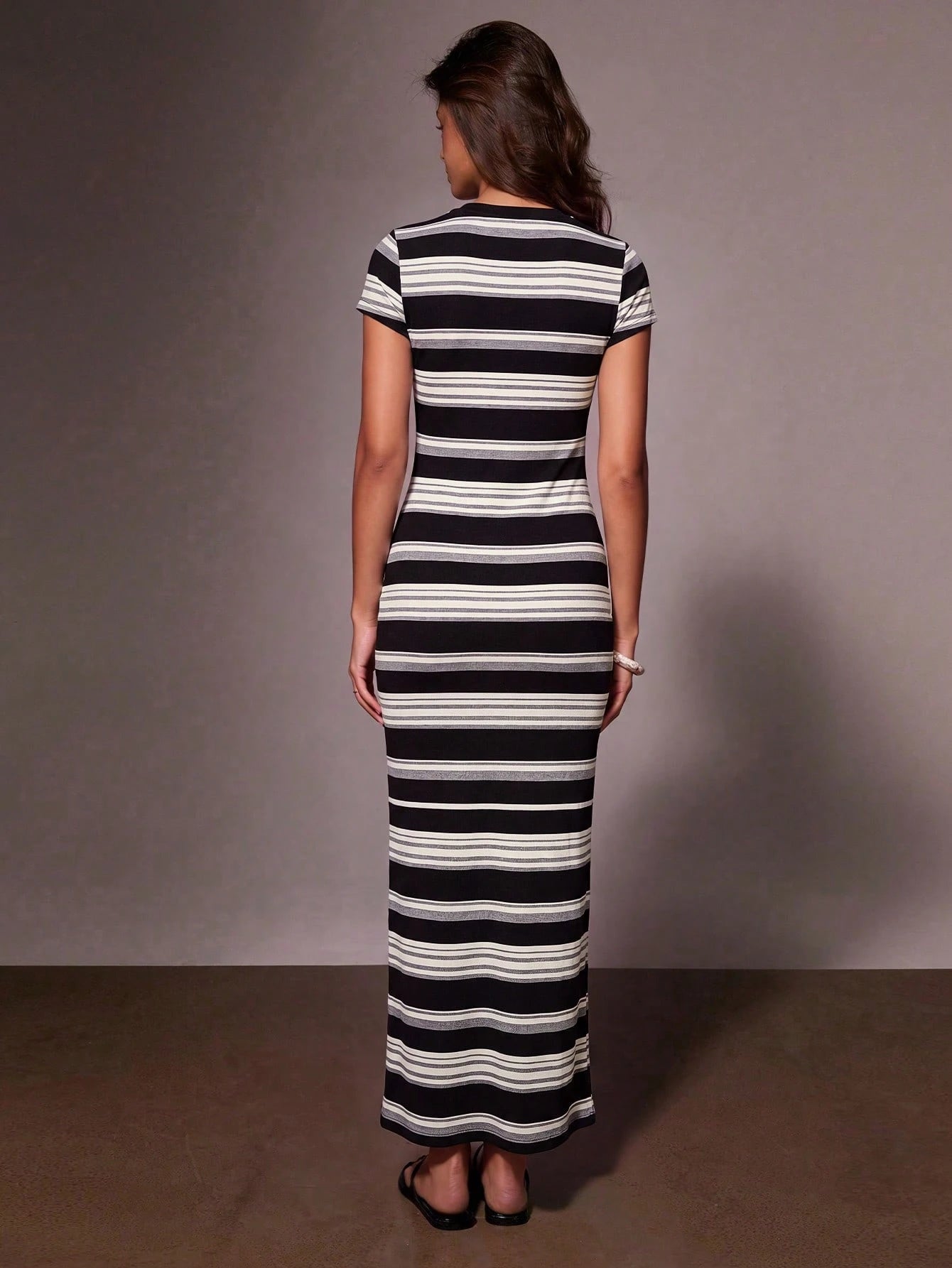 Athîral Women's Casual Round Neck Brown Striped Fashion Short Sleeve Long Dress , Summer Vacation - image 3